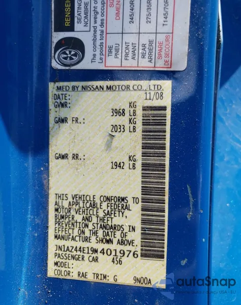 2009 Nissan 370Z z USA, uszkodzony, nr VIN JN1AZ44E19M401976